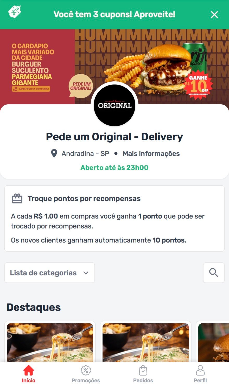 Tela do cardápio digital Pede um Original